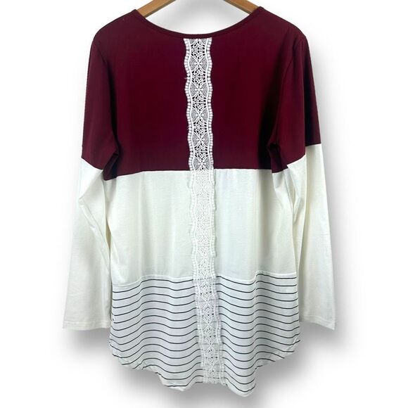 Sherosa Women's XL Long Sleeve Colorblock Tunic‎ Maroon Ivory Stripe Lace Inset - Picture 2 of 9